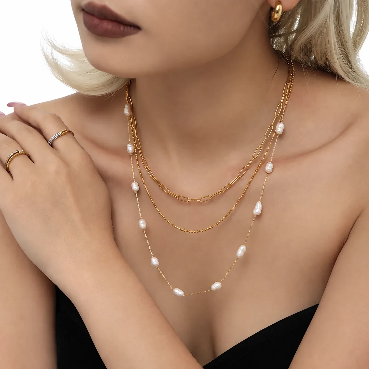 Necklace with Freshwater Pearls, Fine Link Chain, Stainless Steel
