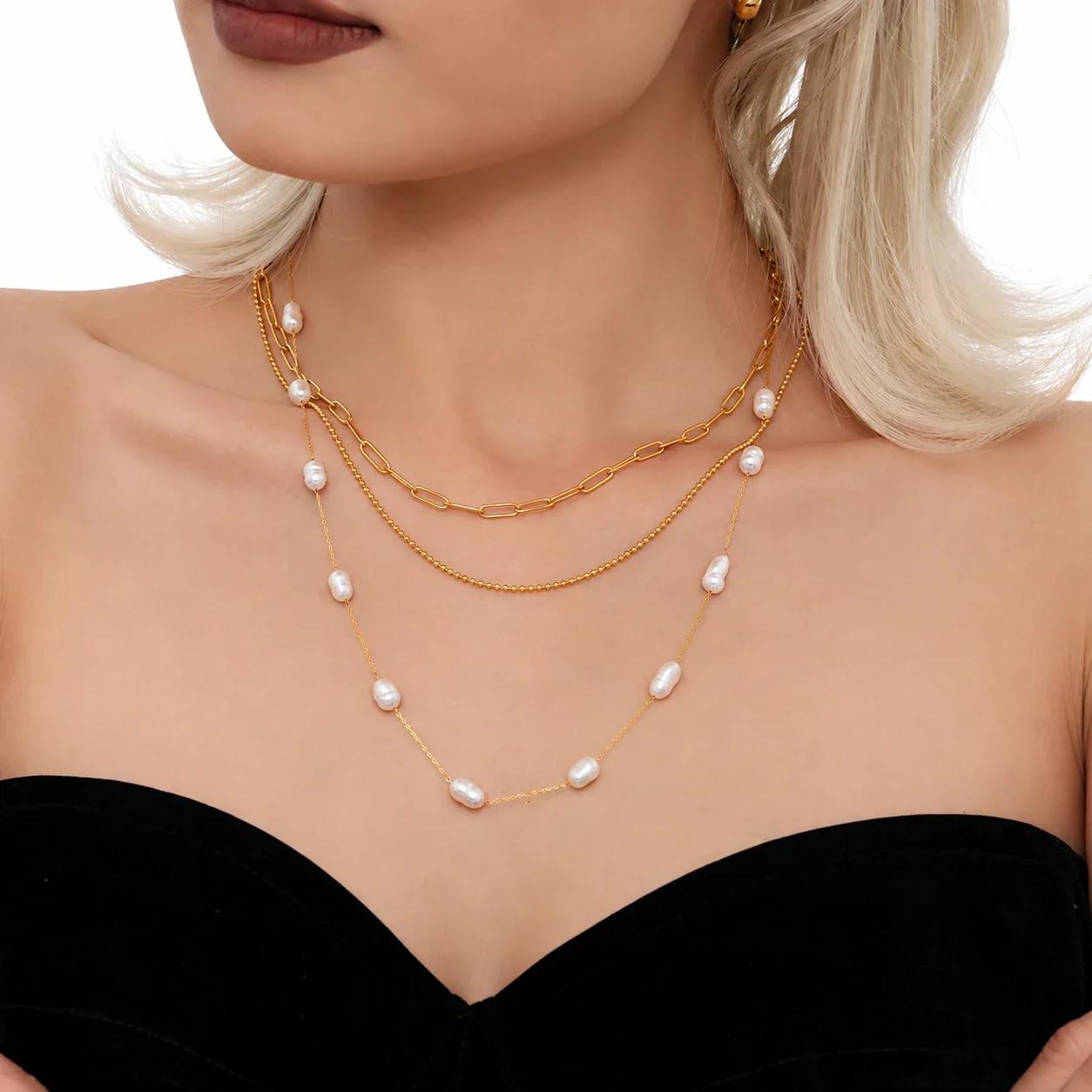 Necklace with Freshwater Pearls, Fine Link Chain, Stainless Steel