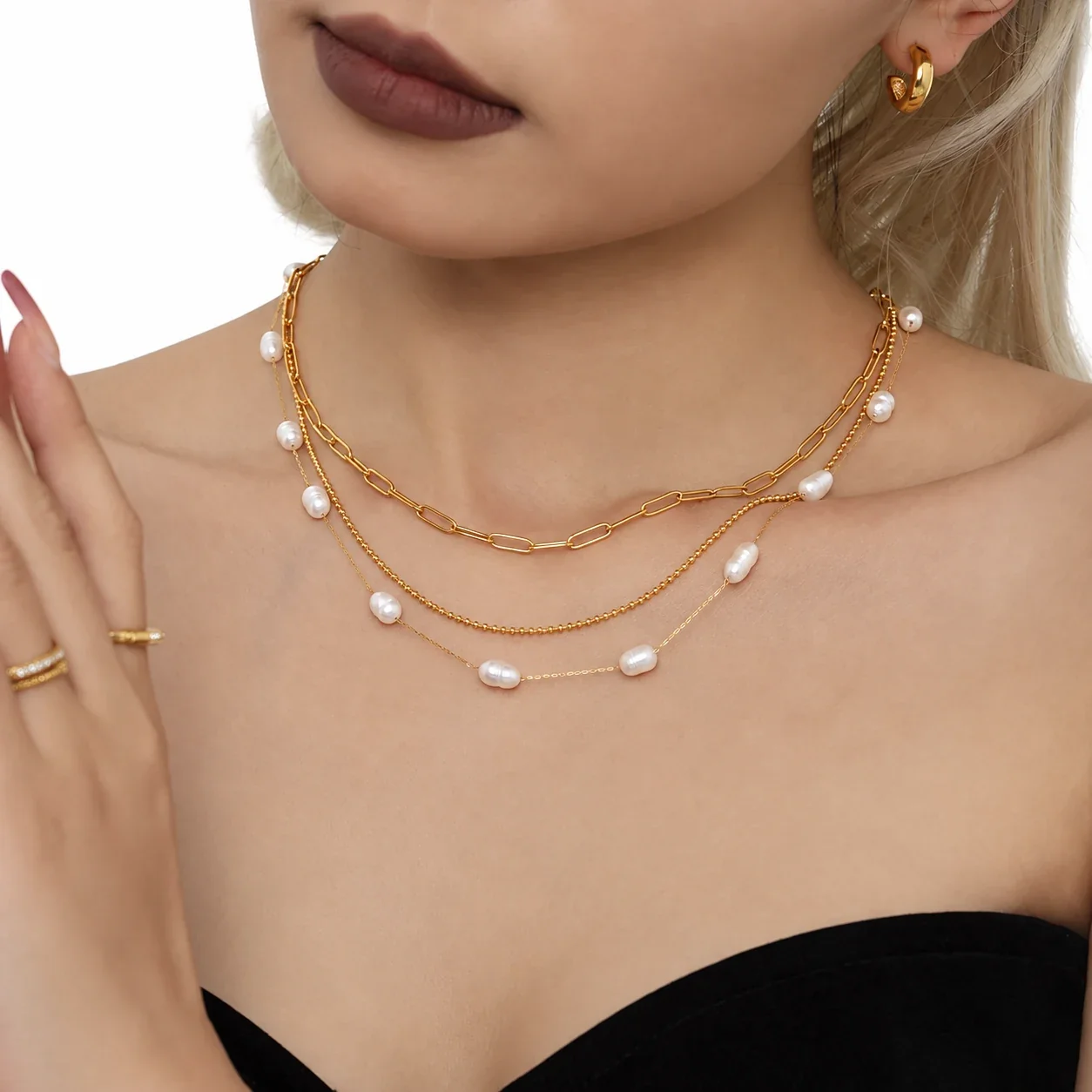 Necklace with Freshwater Pearls, Fine Link Chain, Stainless Steel