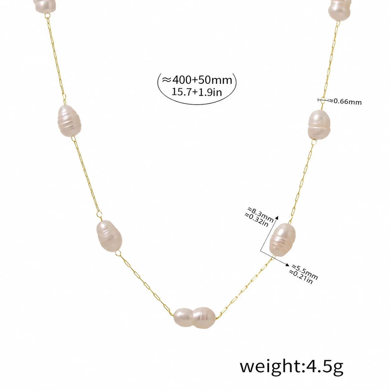 Necklace with Freshwater Pearls, Fine Link Chain, Stainless Steel - Gold