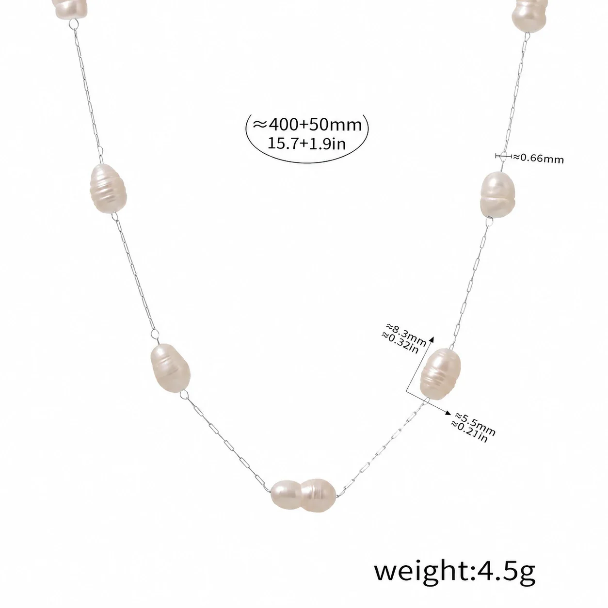 Necklace with Freshwater Pearls, Fine Link Chain, Stainless Steel - Silver