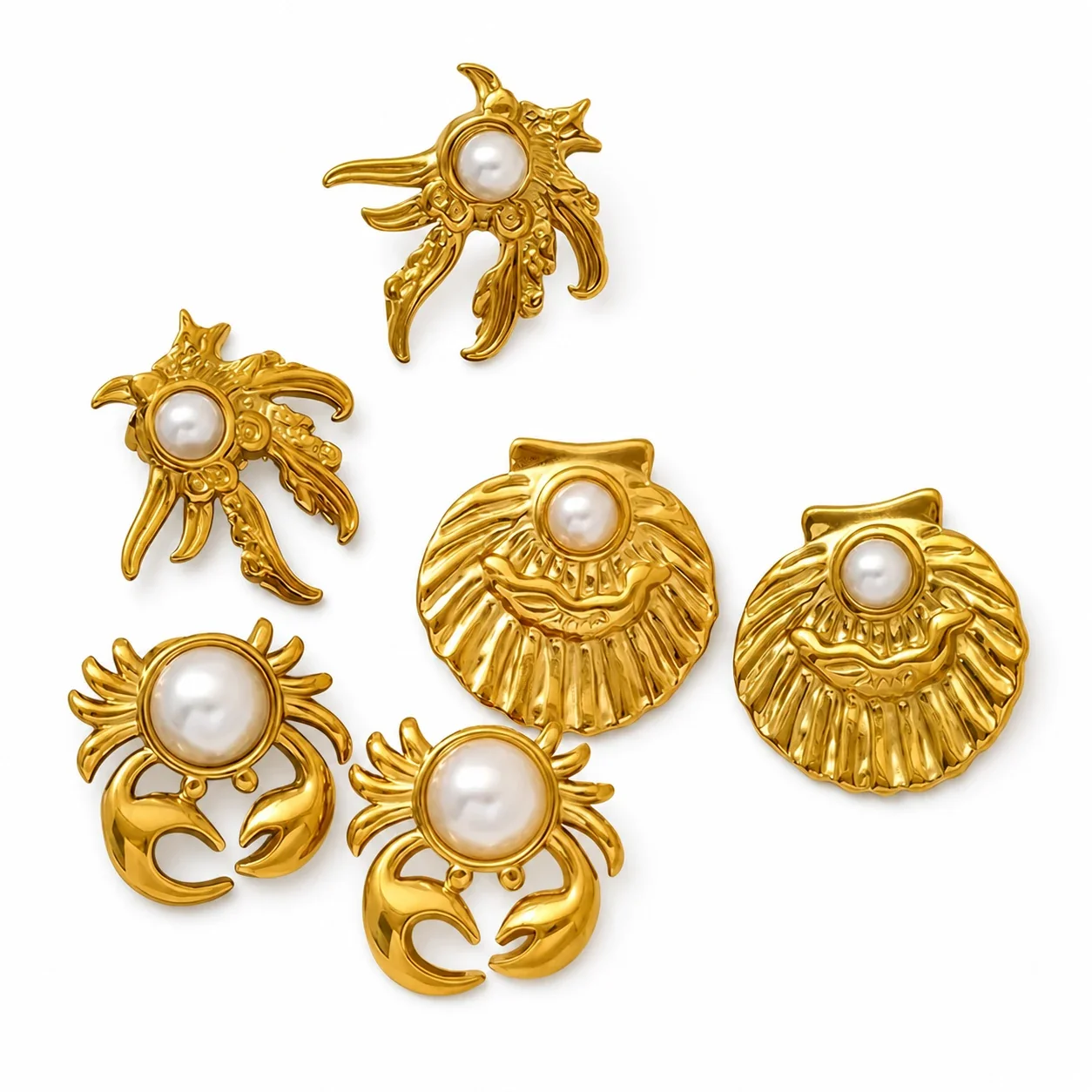 Gilded 18K Gold-Plated Ocean Pearl-Effect Stud Earrings