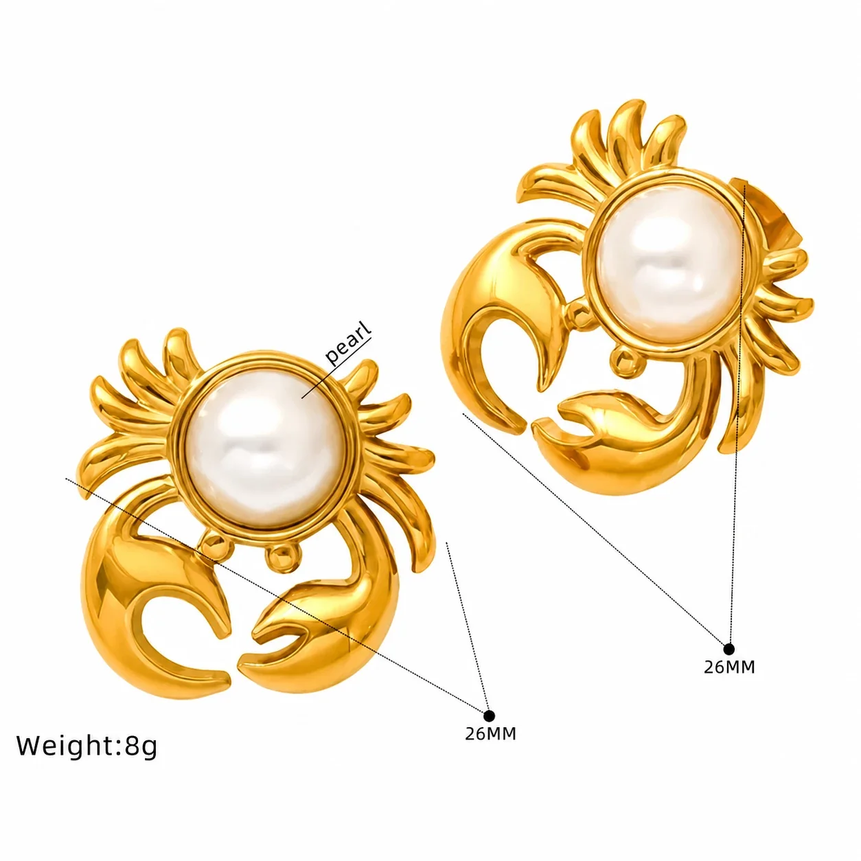 Gilded 18K Gold-Plated Ocean Pearl-Effect Stud Earrings - Gold Crab