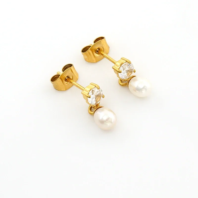 Refined Gold-Plated Stainless Steel CZ Pearl-effect-Effect Drop Earrings