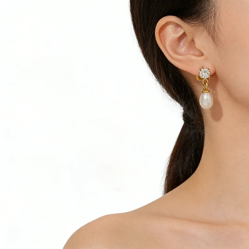 Refined Gold-Plated Stainless Steel CZ Pearl-effect-Effect Drop Earrings