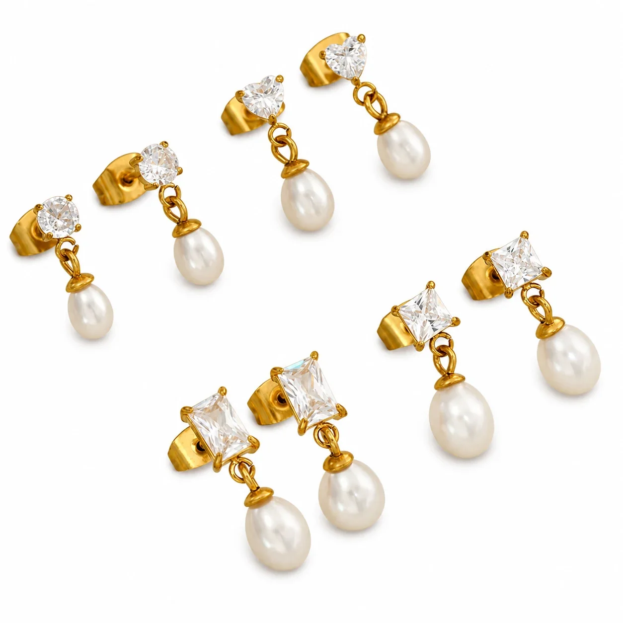 Refined Gold-Plated Stainless Steel CZ Pearl-effect-Effect Drop Earrings