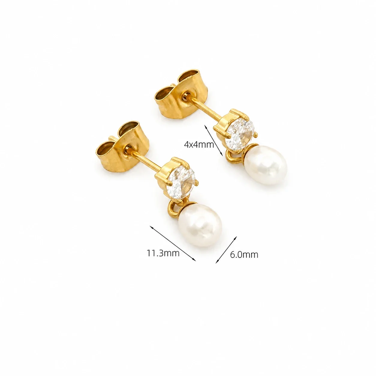 Refined Gold-Plated Stainless Steel CZ Pearl-effect-Effect Drop Earrings - Gold Round CZ