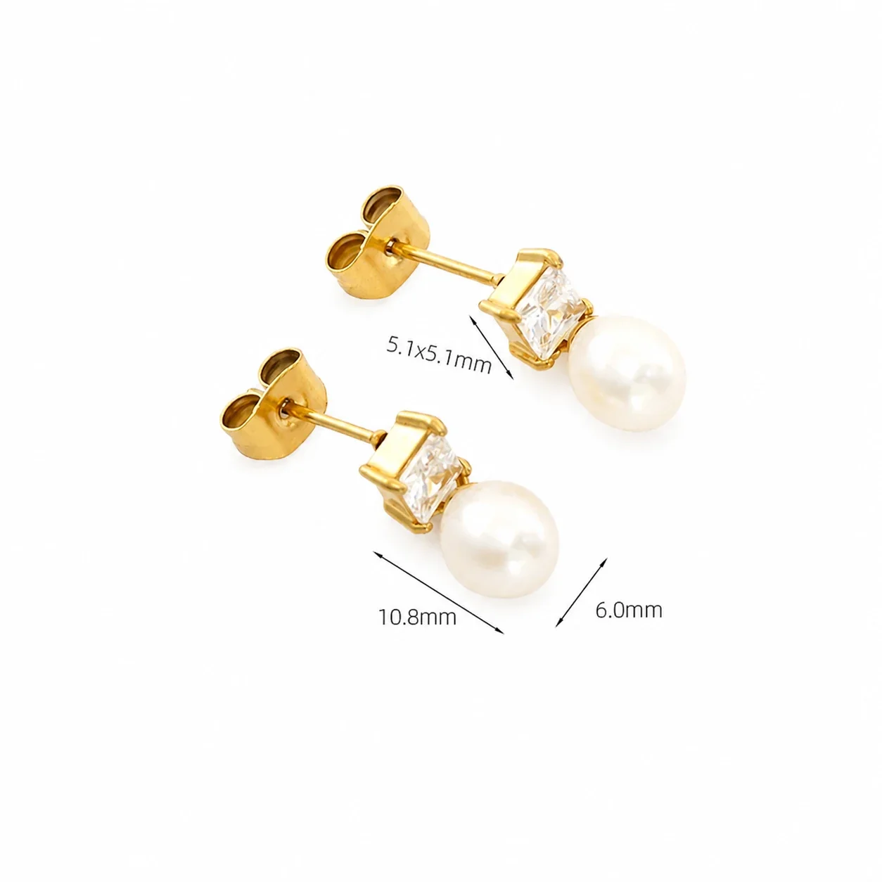 Refined Gold-Plated Stainless Steel CZ Pearl-effect-Effect Drop Earrings - Gold Square CZ