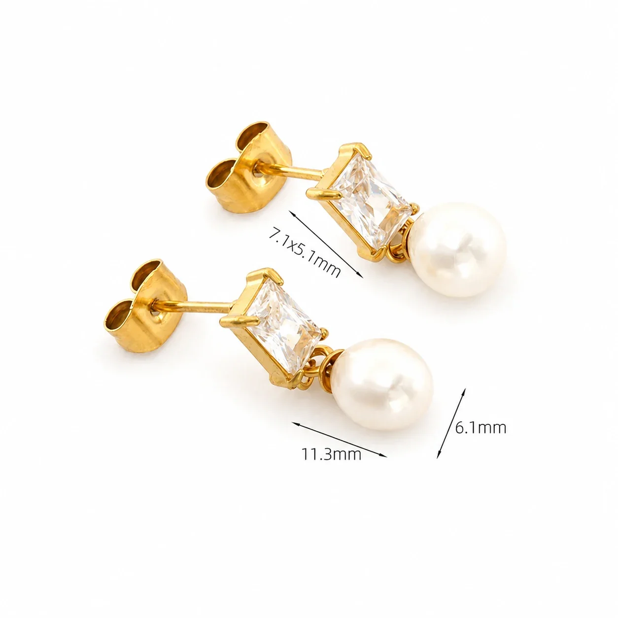 Refined Gold-Plated Stainless Steel CZ Pearl-effect-Effect Drop Earrings - Gold Baguette CZ