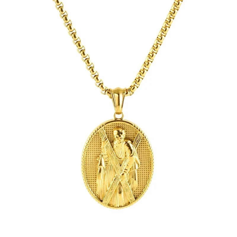 Embossed Gold-Plated Saint Medal Box Chain Necklace