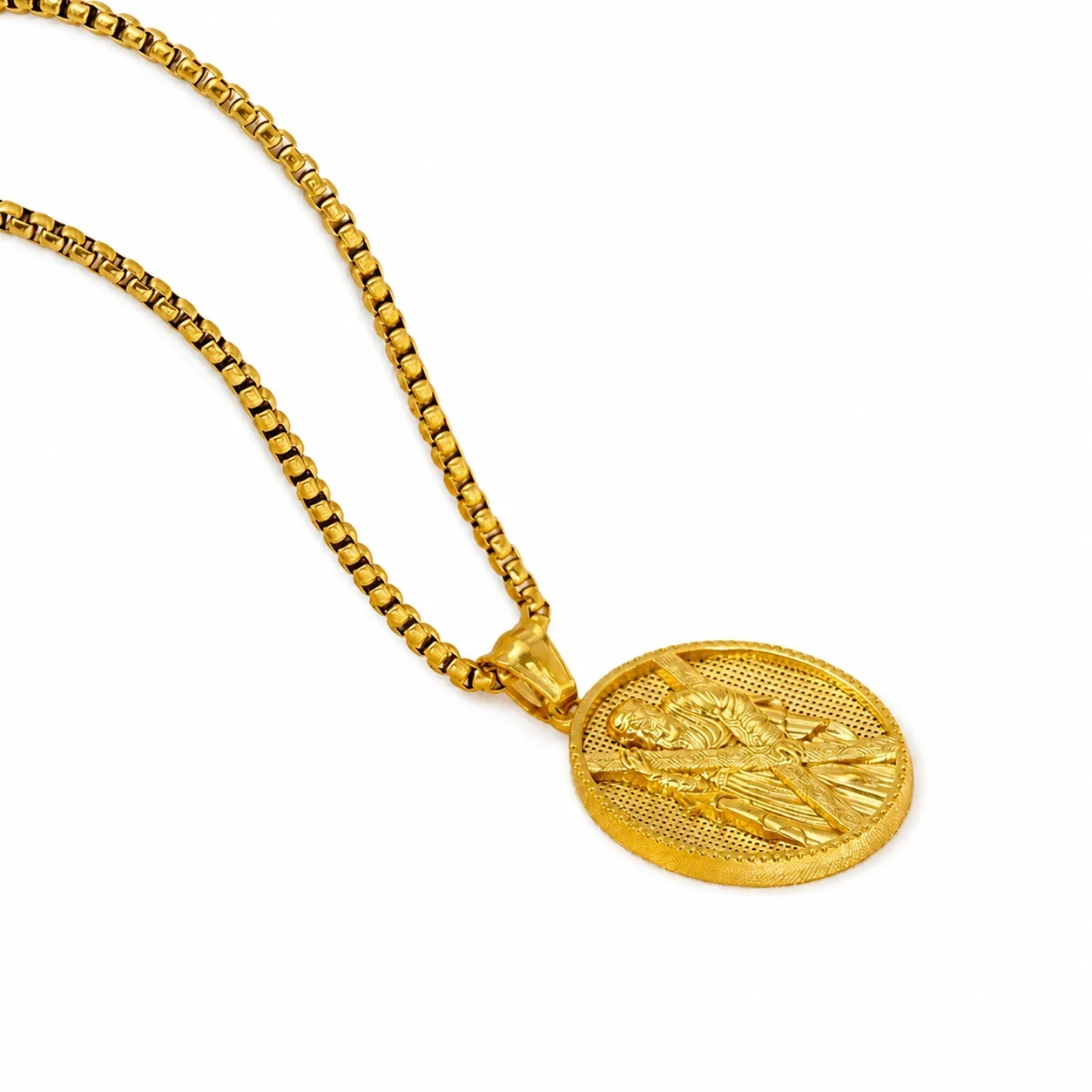 Embossed Gold-Plated Saint Medal Box Chain Necklace