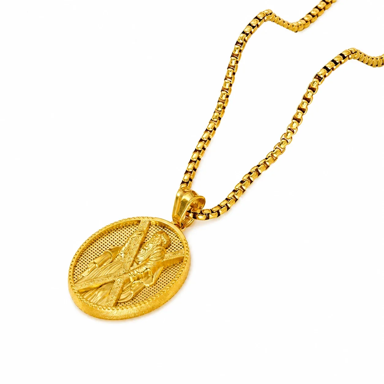 Embossed Gold-Plated Saint Medal Box Chain Necklace