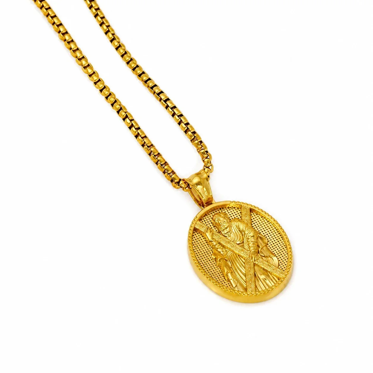 Embossed Gold-Plated Saint Medal Box Chain Necklace
