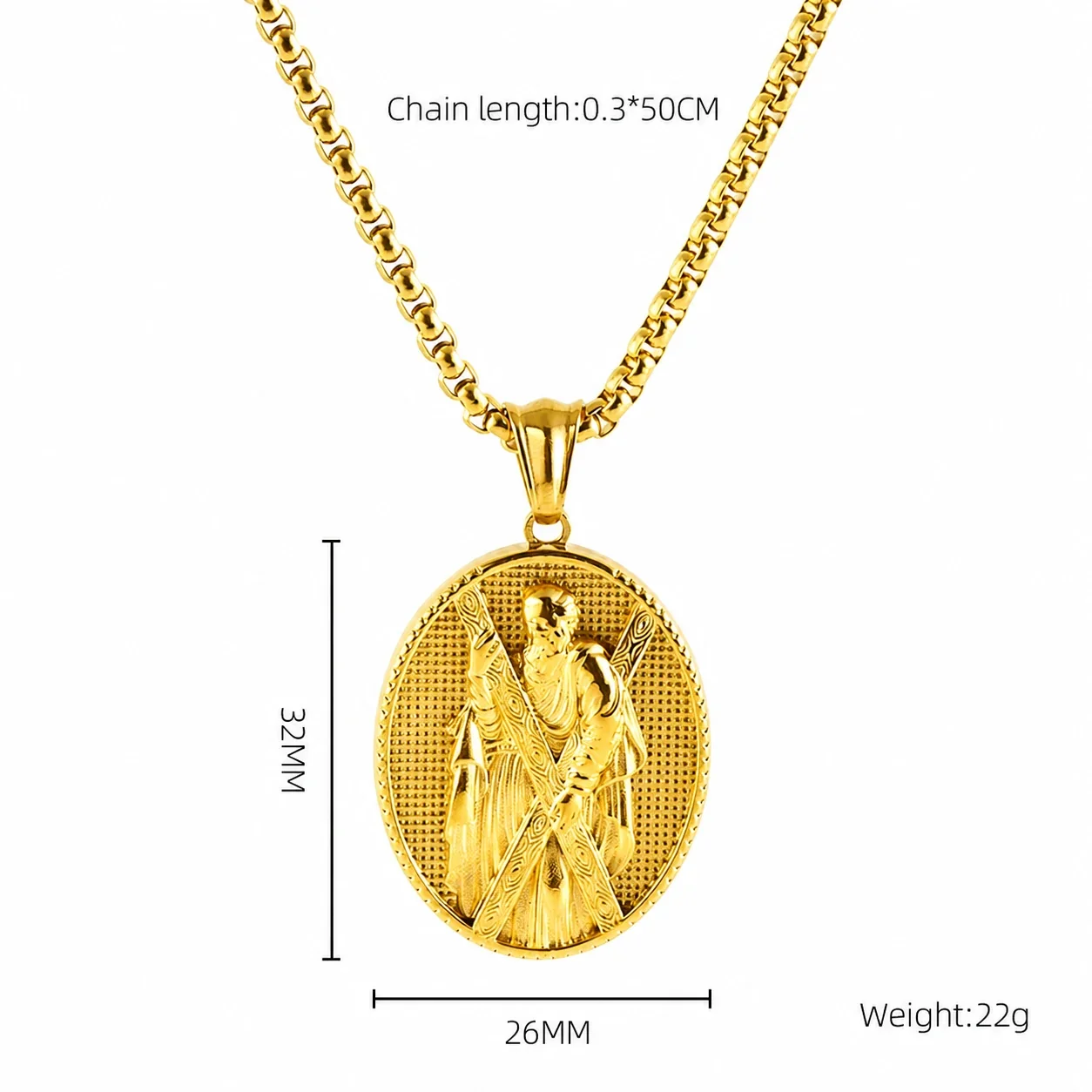 Embossed Gold-Plated Saint Medal Box Chain Necklace - Gold