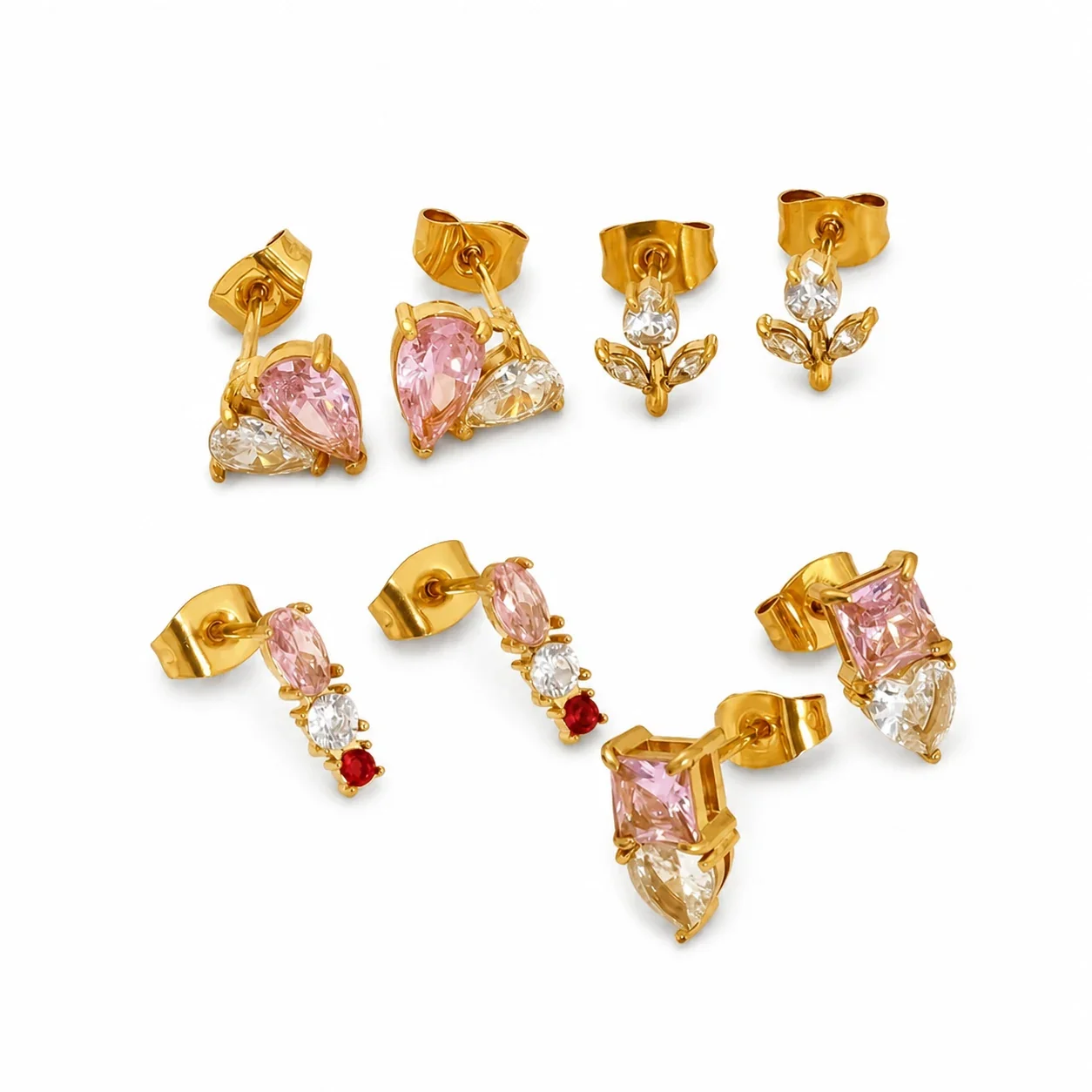 Romantic Gold-Plated Stainless Steel CZ Stud Earrings