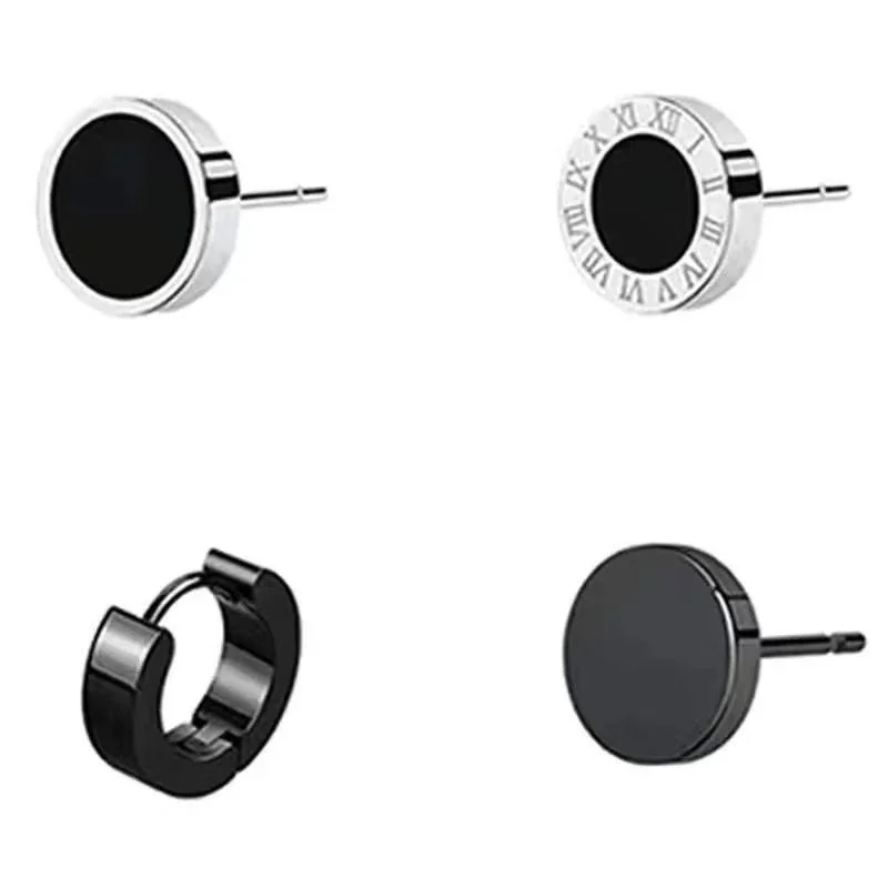 Polished Stainless Steel Black Disc Roman Stud Earrings