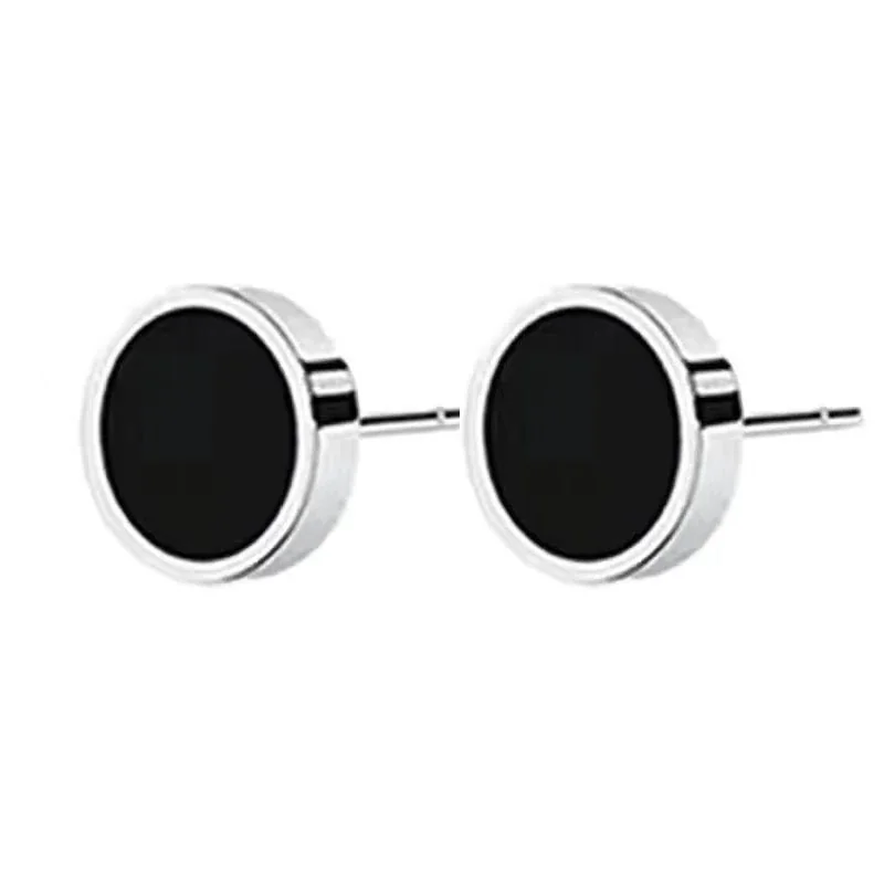 Polished Stainless Steel Black Disc Roman Stud Earrings