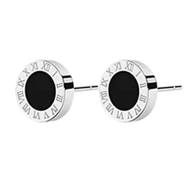 Polished Stainless Steel Black Disc Roman Stud Earrings