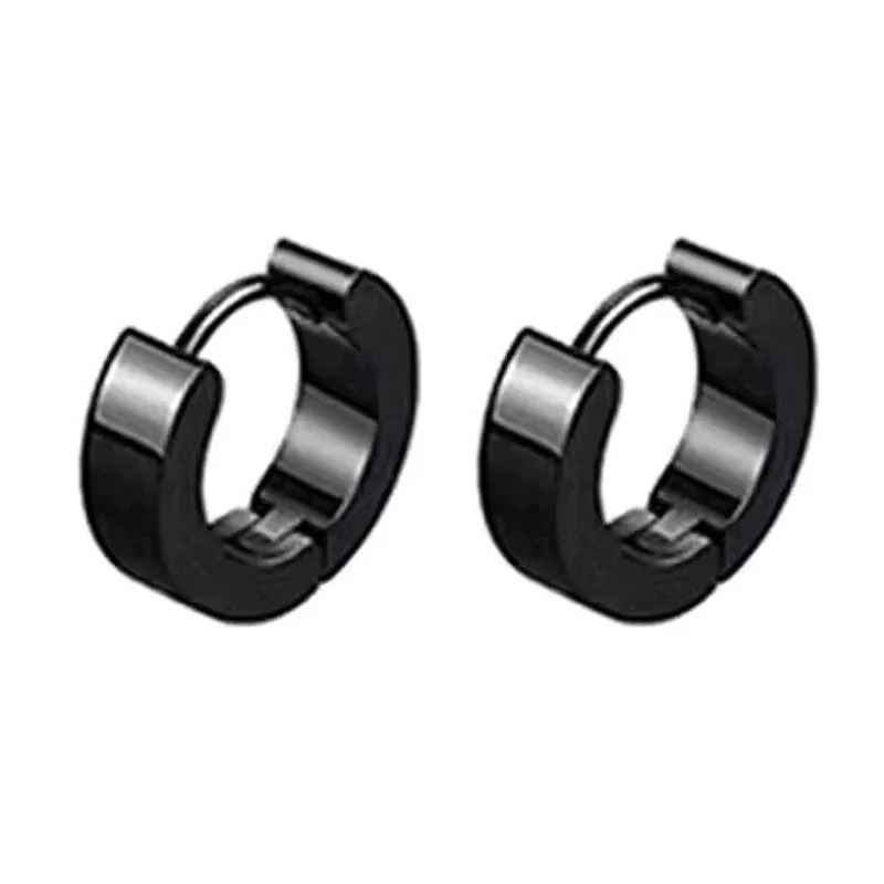 Polished Stainless Steel Black Disc Roman Stud Earrings - Black Huggie