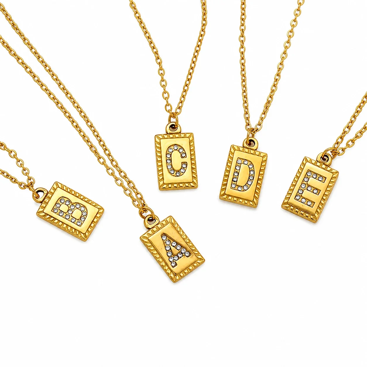 Engraved Gold-Tone Initial Rectangle CZ Pendant Necklace