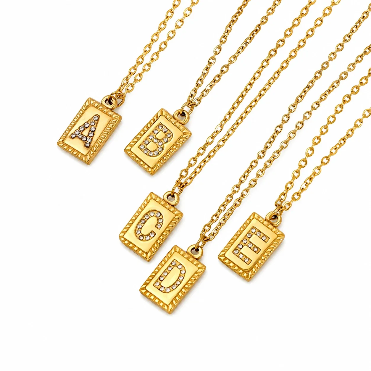 Engraved Gold-Tone Initial Rectangle CZ Pendant Necklace