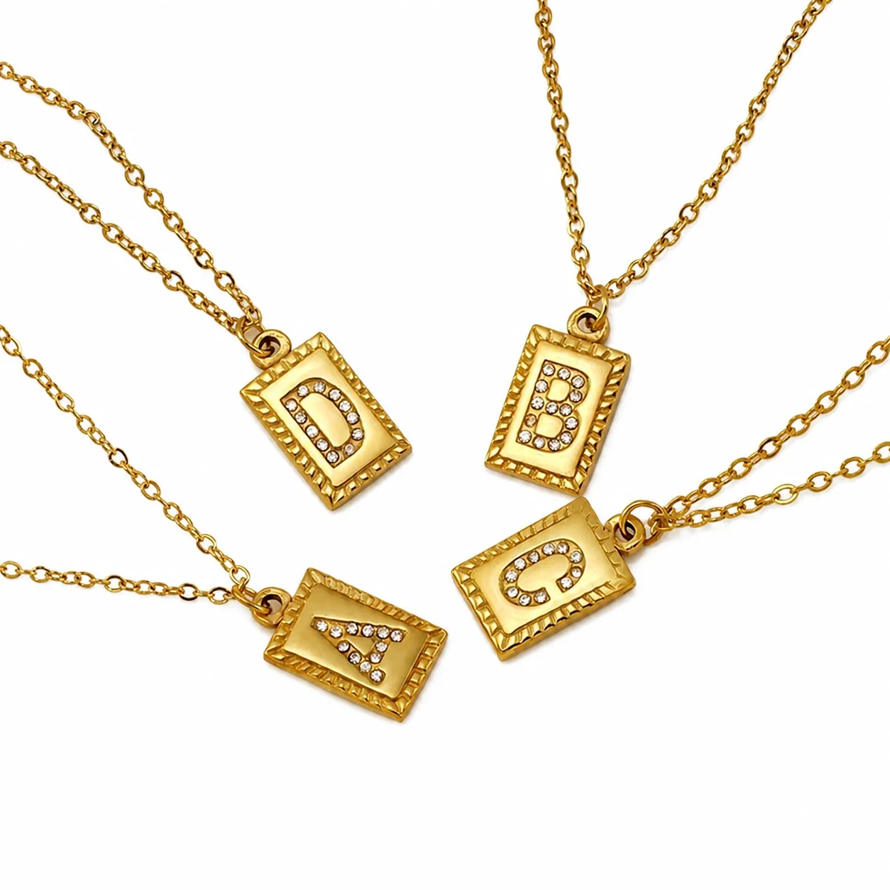 Engraved Gold-Tone Initial Rectangle CZ Pendant Necklace