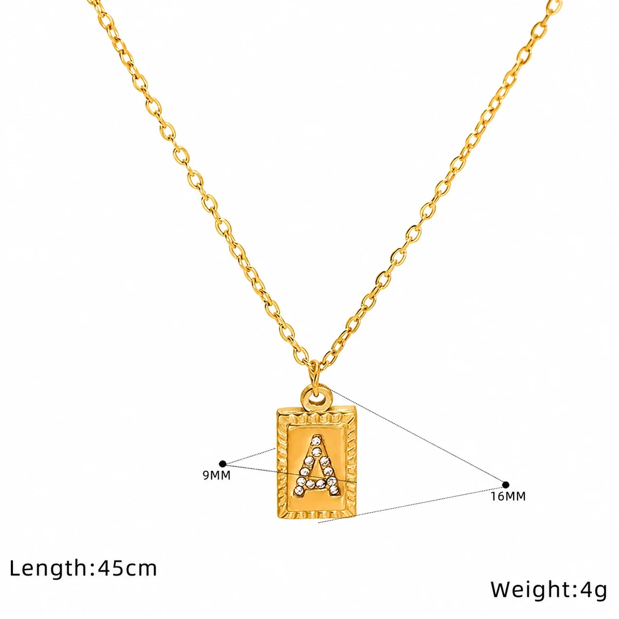 Engraved Gold-Tone Initial Rectangle CZ Pendant Necklace - Gold A