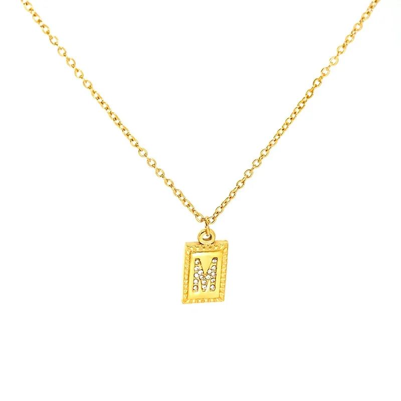 Engraved Gold-Tone Initial Rectangle CZ Pendant Necklace - Gold M