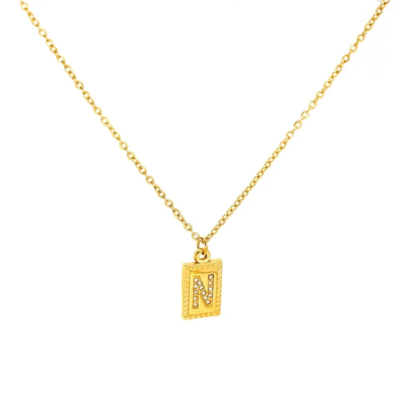 Engraved Gold-Tone Initial Rectangle CZ Pendant Necklace - Gold N