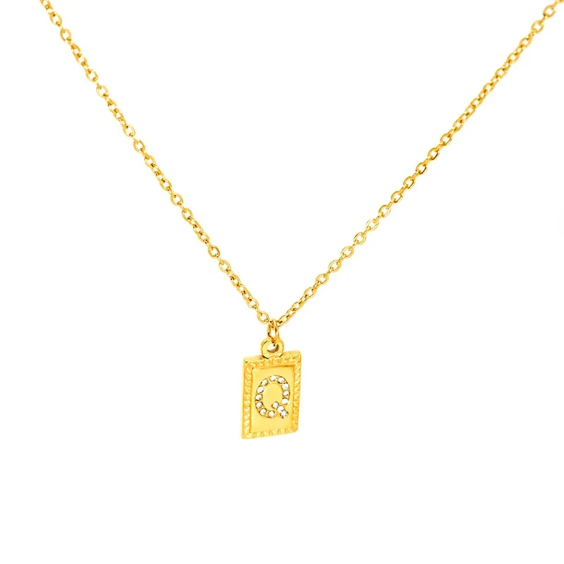 Engraved Gold-Tone Initial Rectangle CZ Pendant Necklace - Gold Q