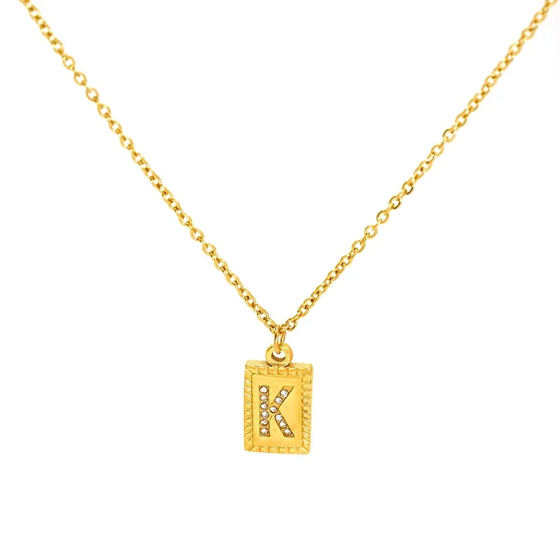 Engraved Gold-Tone Initial Rectangle CZ Pendant Necklace - Gold S