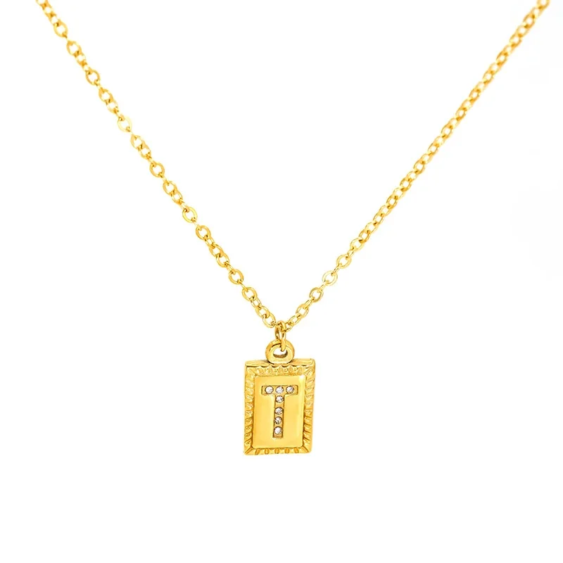 Engraved Gold-Tone Initial Rectangle CZ Pendant Necklace - Gold T