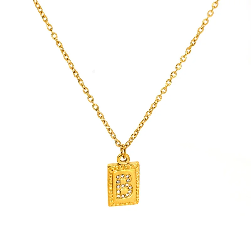 Engraved Gold-Tone Initial Rectangle CZ Pendant Necklace - Gold B