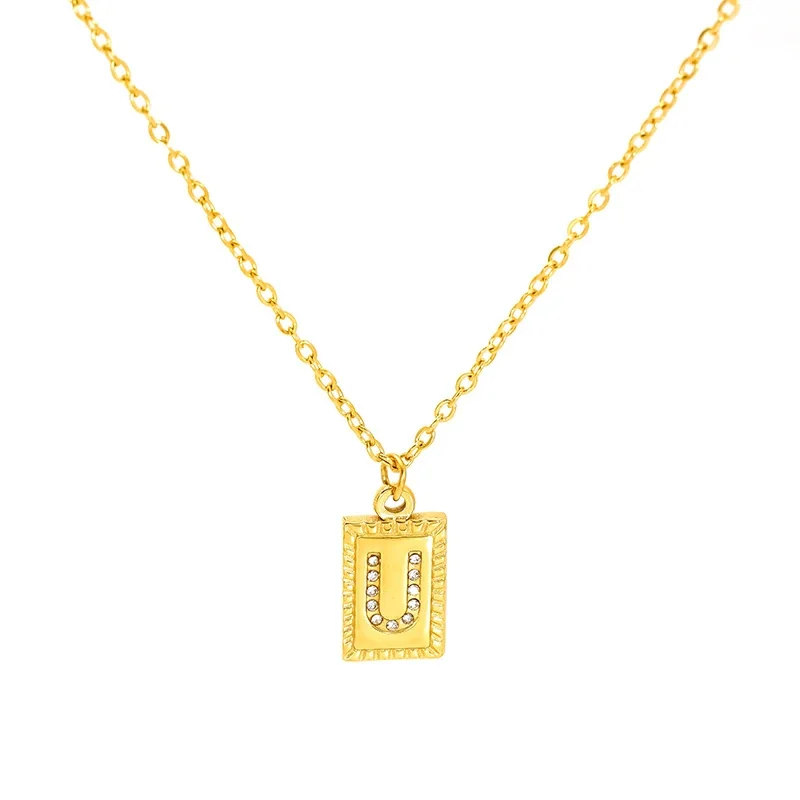 Engraved Gold-Tone Initial Rectangle CZ Pendant Necklace - Gold U