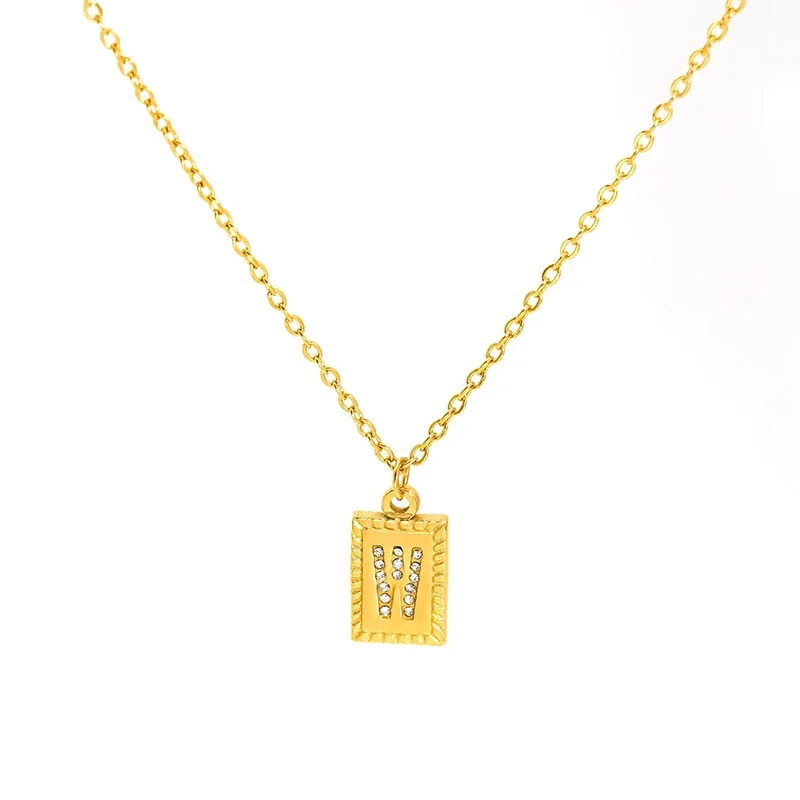 Engraved Gold-Tone Initial Rectangle CZ Pendant Necklace - Gold W