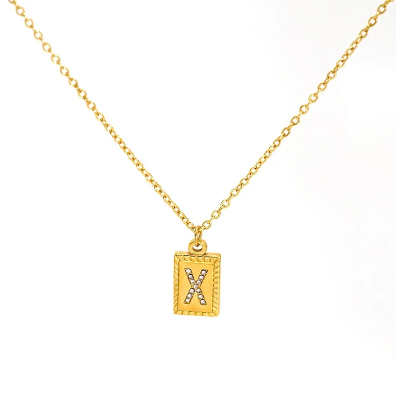 Engraved Gold-Tone Initial Rectangle CZ Pendant Necklace - Gold X