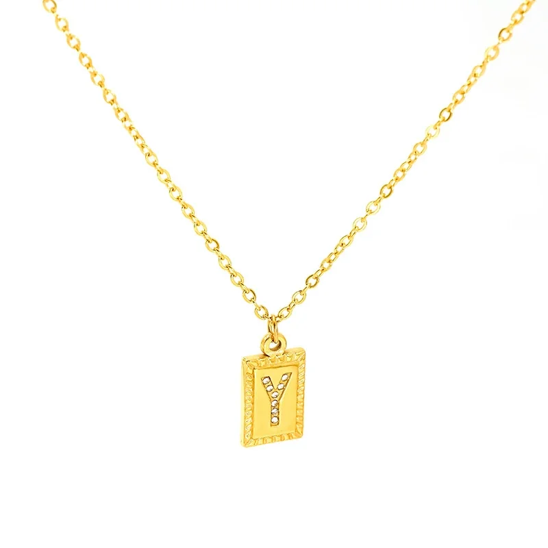 Engraved Gold-Tone Initial Rectangle CZ Pendant Necklace - Gold Y