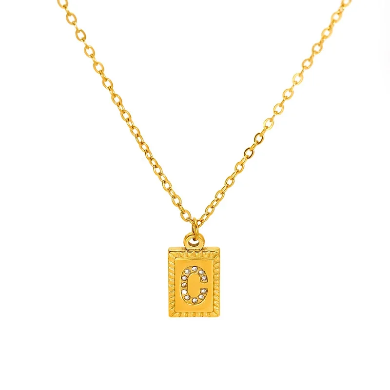 Engraved Gold-Tone Initial Rectangle CZ Pendant Necklace - Gold C