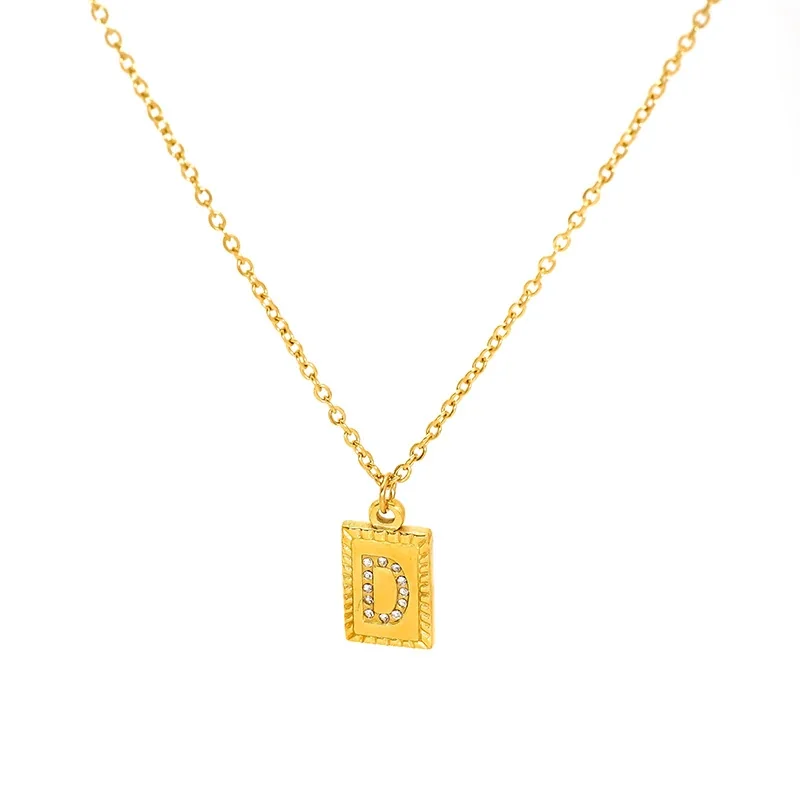 Engraved Gold-Tone Initial Rectangle CZ Pendant Necklace - Gold D