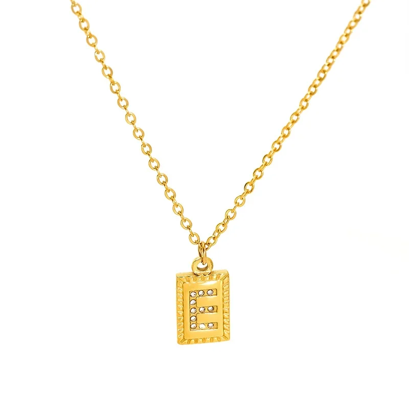 Engraved Gold-Tone Initial Rectangle CZ Pendant Necklace - Gold E