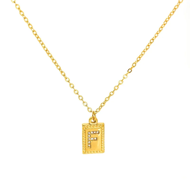 Engraved Gold-Tone Initial Rectangle CZ Pendant Necklace - Gold F