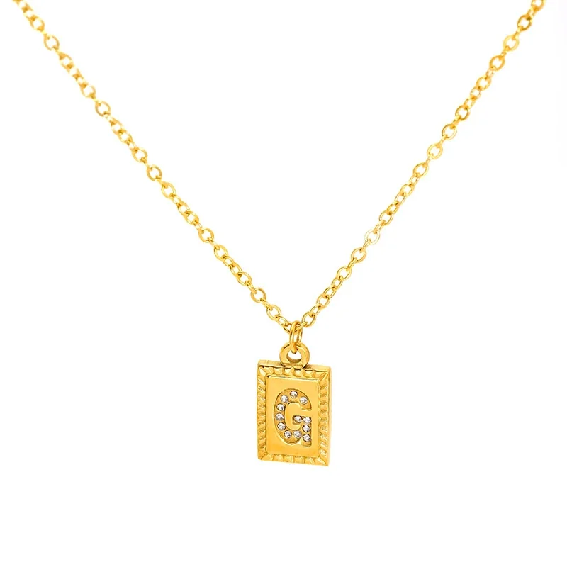 Engraved Gold-Tone Initial Rectangle CZ Pendant Necklace - Gold G