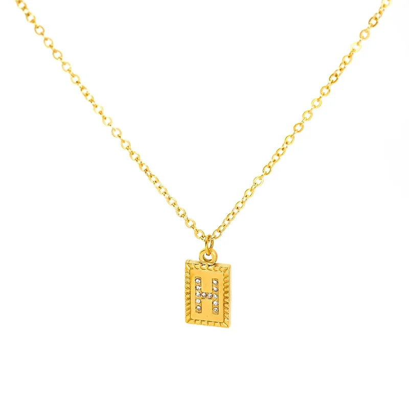 Engraved Gold-Tone Initial Rectangle CZ Pendant Necklace - Gold H