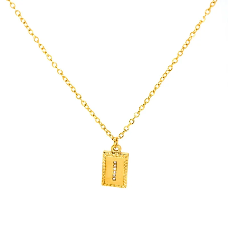 Engraved Gold-Tone Initial Rectangle CZ Pendant Necklace - Gold I