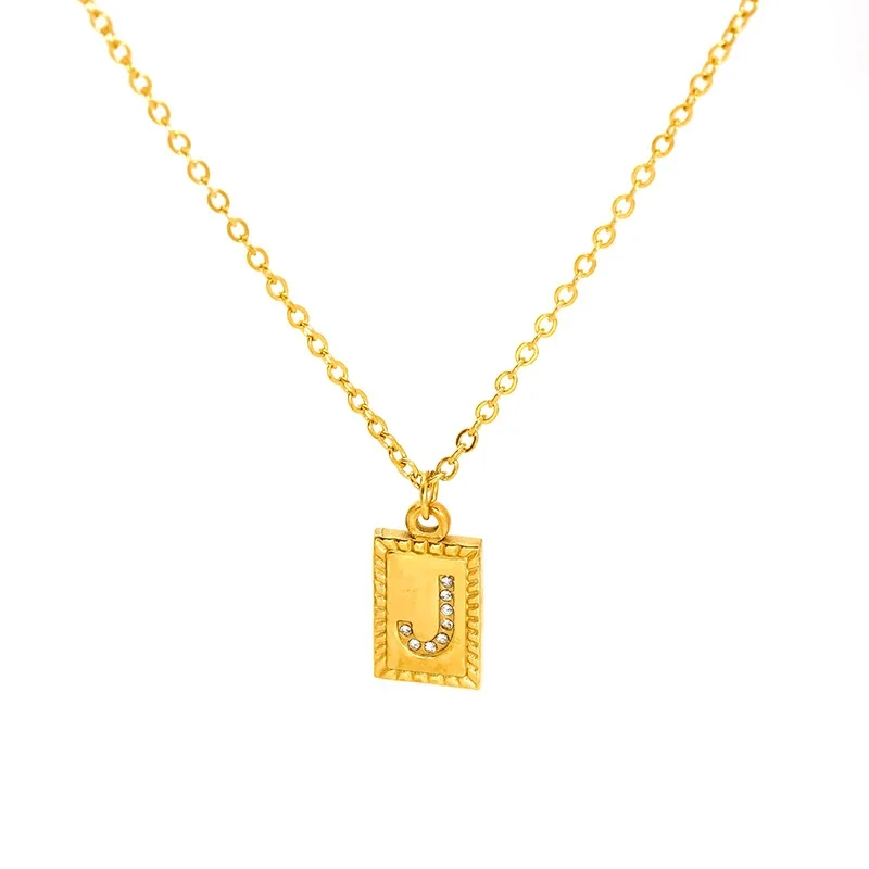 Engraved Gold-Tone Initial Rectangle CZ Pendant Necklace - Gold J