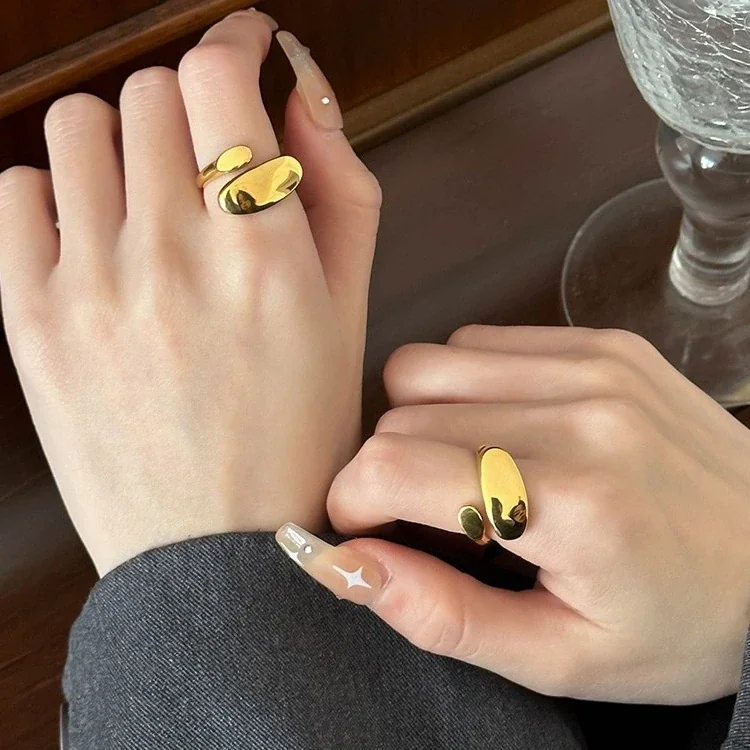 Open Ring with Asymmetric Oval Plaques, Stainless Steel