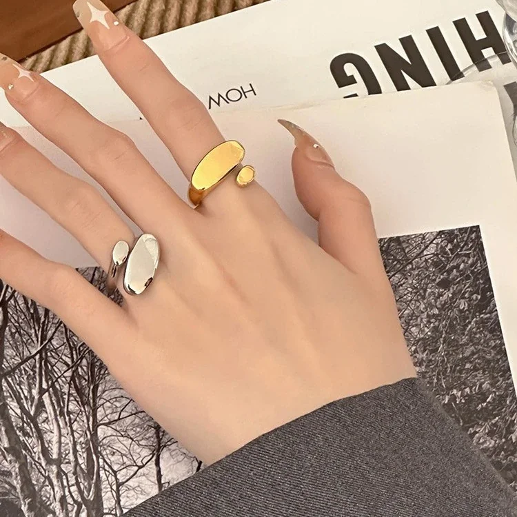 Open Ring with Asymmetric Oval Plaques, Stainless Steel