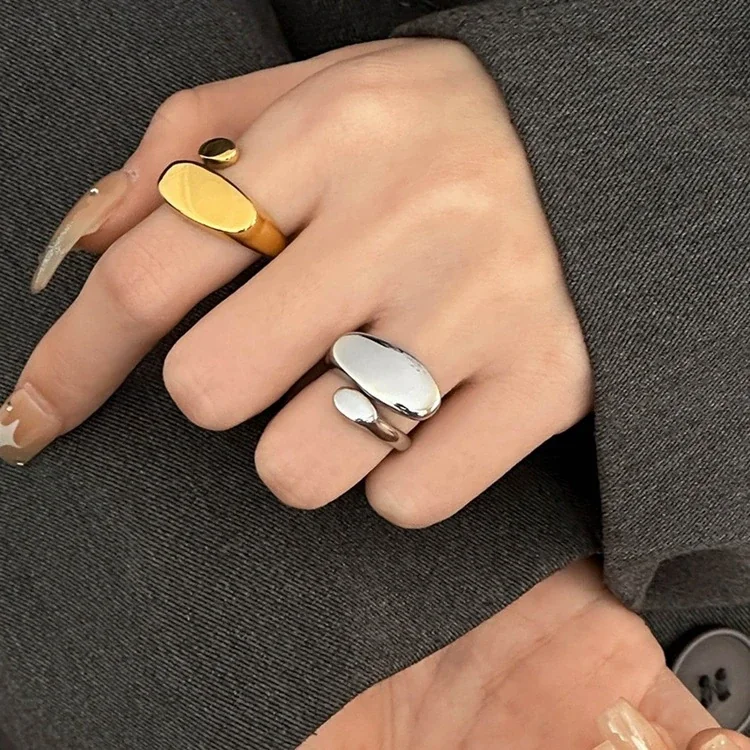 Open Ring with Asymmetric Oval Plaques, Stainless Steel