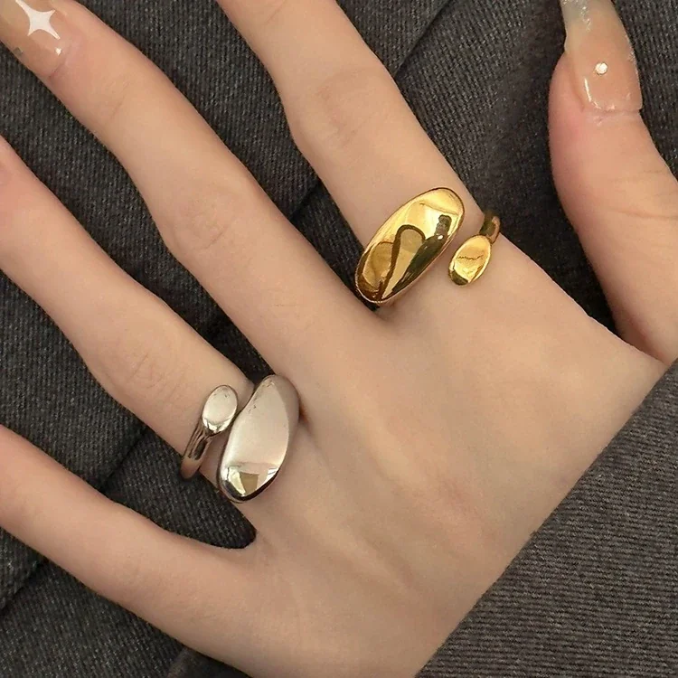 Open Ring with Asymmetric Oval Plaques, Stainless Steel
