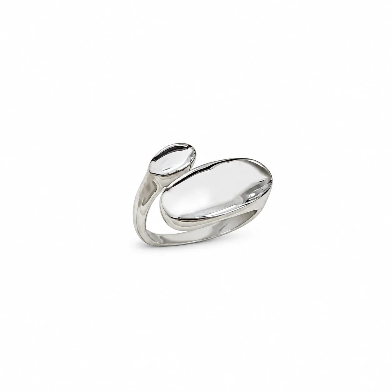 Open Ring with Asymmetric Oval Plaques, Stainless Steel - Silver